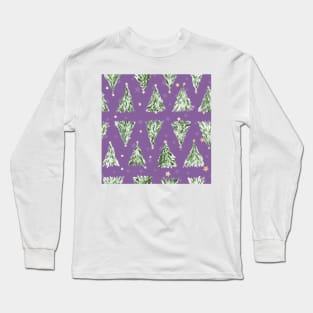 Holiday christmas tree over purple orchid background with yellow stars Long Sleeve T-Shirt